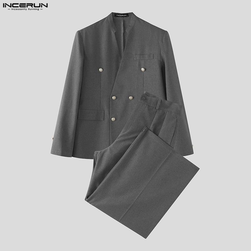 Double Breasted Blazer - Ensemble homme INCERUN, couleur unie, col
